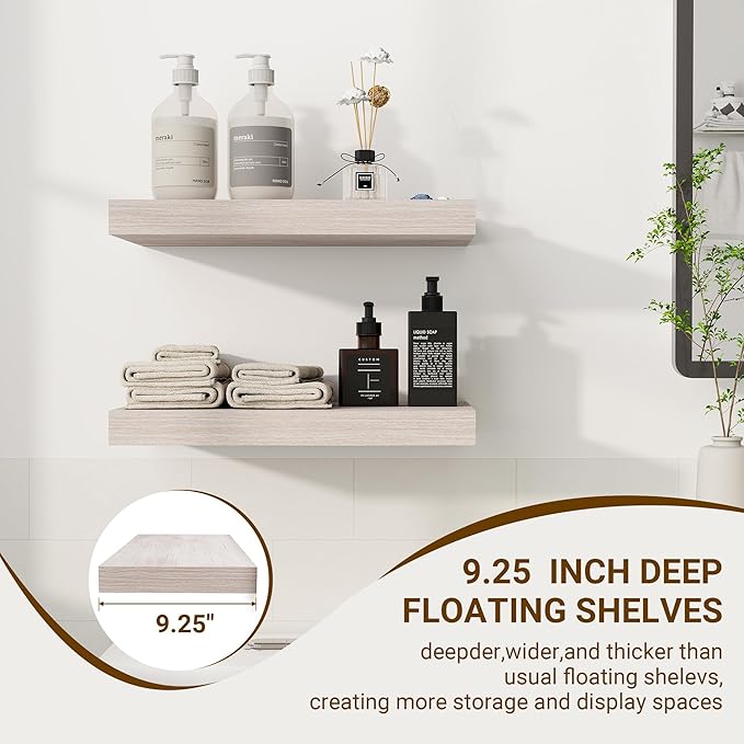 16 Inch Floating Shelves, 3D Textured Wood Grain, 16"x9.25"x1.5" Inch Deep Floating Shelves for Wall, Wooden Shelves for Bathroom, Bedroom, Living Room, Washed White-HomvellaHome