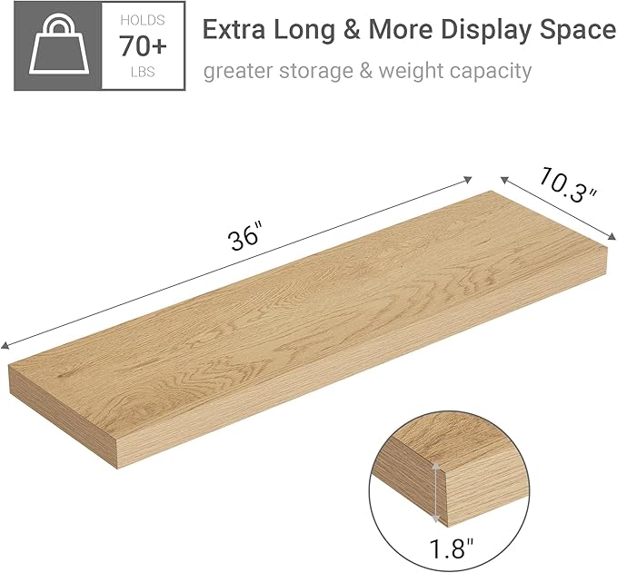 10 inches Deep Floating Shelves 36 inch Long, Large Oak Wall Shelves Heavy Duty 70 lbs for Bedroom, Bathroom, Living Room, Kitchen, Office, Modern Shelf Home Decor with Invisible Bracket-HomvellaHome