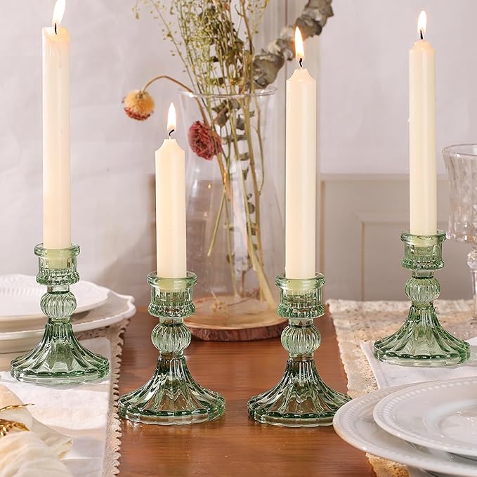 12PCS Green Candlestick Holders Set- 4" H Taper Candle Holders, Glass Candle Holders Bulk for Wedding, Party, Home Table Centerpieces, Festival Gifts & Windowsill Decor-HomvellaHome