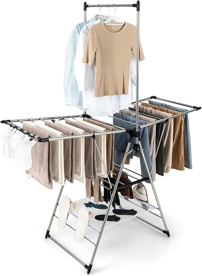 Giantex Clothes Drying Rack, Foldable Laundry Drying Rack with with 6-Level Adjustable Height, High Hanger Design, Side Clips, Space Saving Collapsible Laundry Drying Rack-HomvellaHome