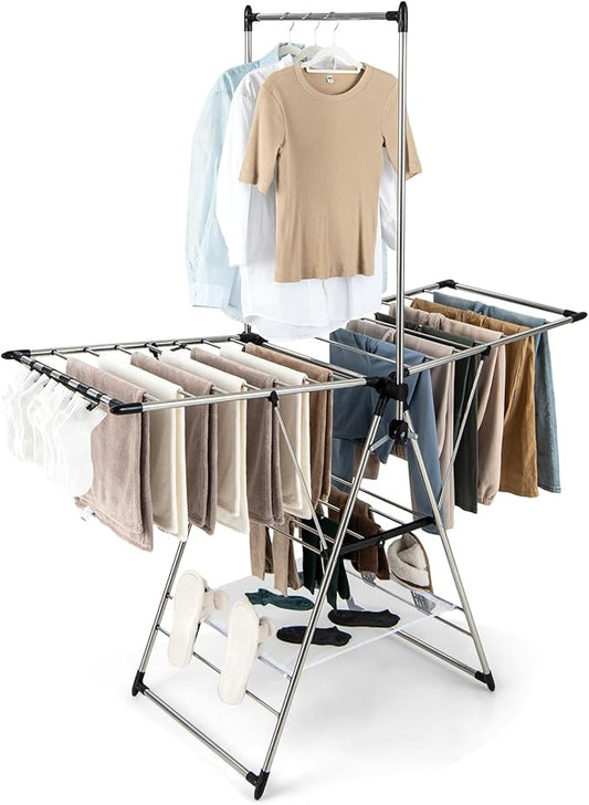 Giantex Clothes Drying Rack, Foldable Laundry Drying Rack with with 6-Level Adjustable Height, High Hanger Design, Side Clips, Space Saving Collapsible Laundry Drying Rack-HomvellaHome