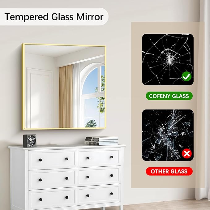 Gold Bathroom Mirror for Wall, 30x30 Inch Rectangle Mirrors with Metal Frame, Modern Vanity Wall Mirror Decor for Bathroom Living Room, Entryway Hangs Horizontal or Vertical-HomvellaHome