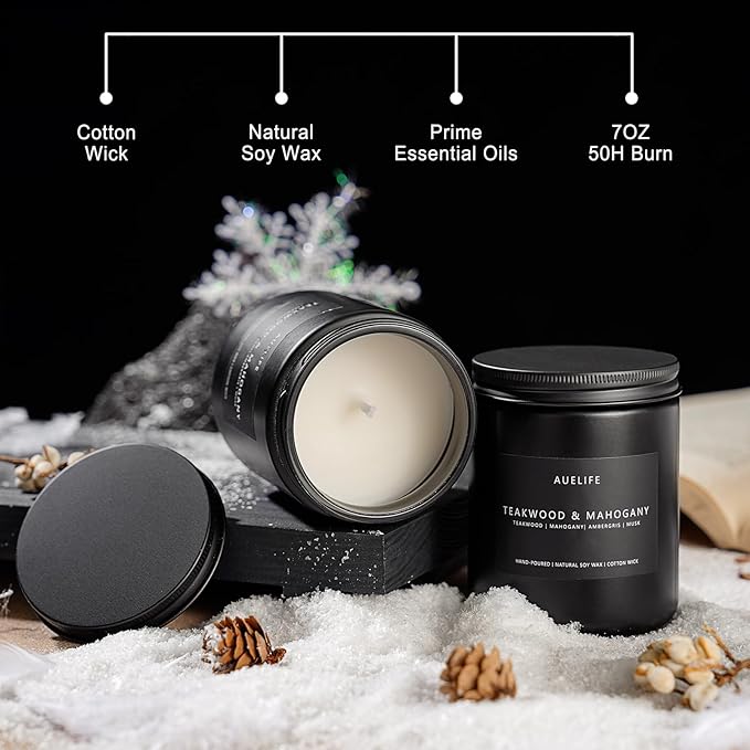 2 Pack Teakwood & Mahogany Candle | Scented Candles for Men, Man Gifts for Men - Masculine Candles - Soy Candle for Home Scented - 7oz Black Jar, Long Lasting-HomvellaHome