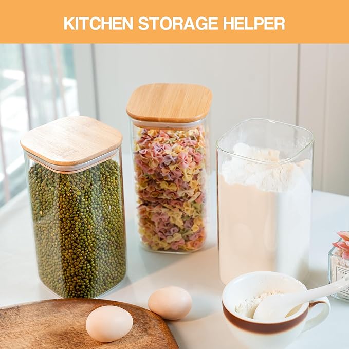 Glass Storage Jars 6 Pack -50oz (10cmx20cm)Clear Glass Food Storage Containers with Airtight Bamboo Lid Stackable Kitchen Canisters for Candy,Cookie,Rice,Sugar,Flour,Pasta,Nuts and Spice Jars(Square)-HomvellaHome