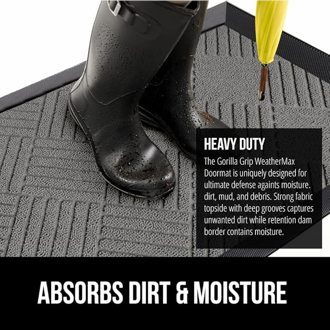 GORILLA GRIP 100% Waterproof All-Season WeatherMax Doormat US Designed Natural Rubber, Stain and Fade Resistant, Low Profile Indoor Outdoor Door Mats, Easy Clean Patio Mat, 17x29, Steel Diamond-HomvellaHome