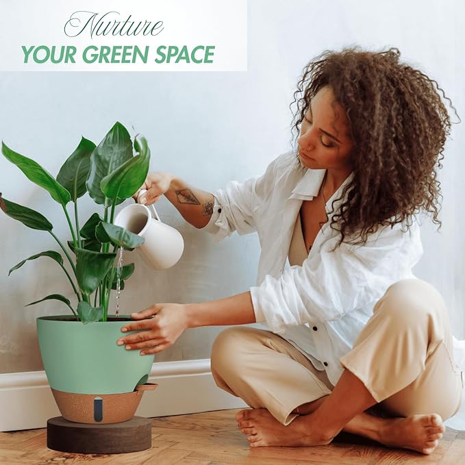 12/10/8 Inch Self Watering Pots for Indoor Plants Plastic Large Plant Pot for Outdoor Plants, Water Level Window & Spacious Reservoir Flower Pots Decorative Planter with Drainage and Tray (Green)-HomvellaHome