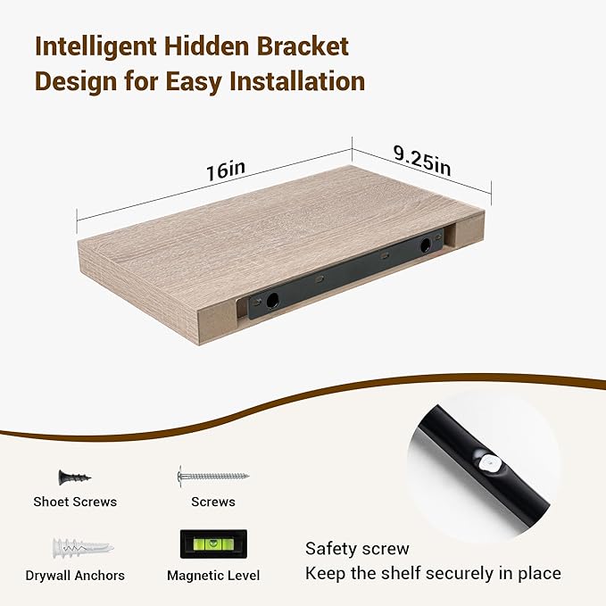 16 Inch Floating Shelves, 3D Textured Wood Grain, 16"x9.25"x1.5" Inch Deep Floating Shelves for Wall, Wooden Shelves for Bathroom, Bedroom, Living Room, Vintage White Oak-HomvellaHome