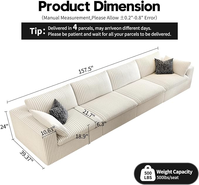 157.5" Cloud Couch Modular Sectional Sofa for Living Room,Modern Sofa with Deep Seat，4 Seater Boneless Couch,Comfy Upholstered Corduroy Couches for Apartment, Studio, Office,Bedroom，White-HomvellaHome