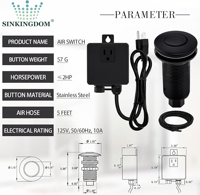 Garbage Disposal SinkTop Air Switch Kit with Long Button,Brass Made Cover,UL,Matte Black-HomvellaHome