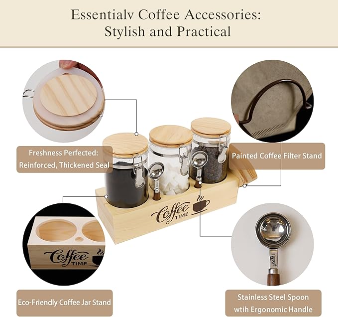 Glass Coffee Canister Set with Shelf & Spoons 3 Piece Coffee Containers for Ground Coffee Coffee Bean Storage Airtight Seal, Coffee Bar Coffee Filter Holder for Kitchen Organization-HomvellaHome