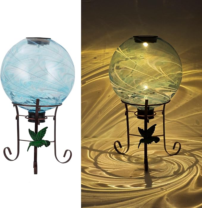10 Inch Solar Glass Gazing Ball, with 9.4" Tall Metal Gazing Globe Stand, Solar Ball Lights Display Holder Set for Outdoor Garden Lawn Yard Decoration, Blue Water Ripple-HomvellaHome