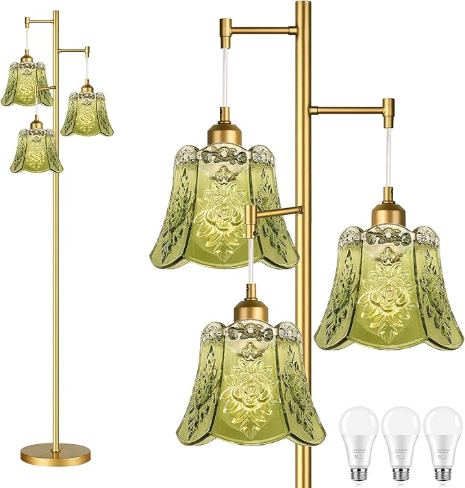 Gold Floor Lamp for Living Room,Bedroom,Tree 3 Light Standing Lamp Mid Century Modern Brass Tall Floor Lamps Vintage Retro Floor Lights Glass Green Flower Lamp Shade Farmhouse Boho Bohemian-HomvellaHome