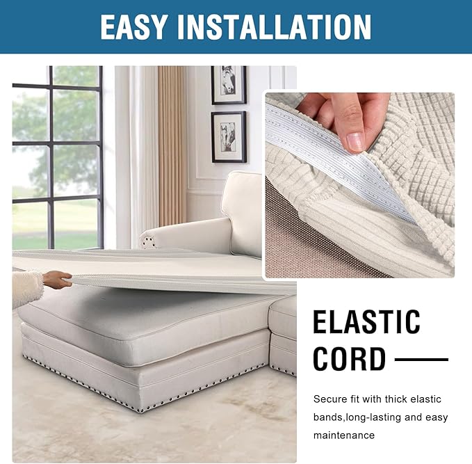 H.VERSAILTEX Super Stretch Individual Chaise Cover Sectional Couch Covers for L Shaped Sofa Both Left/Right Featuring Thick Jacquard Textured Twill Fabric (1 Piece Chaise Cover Large, Porcelain)-HomvellaHome