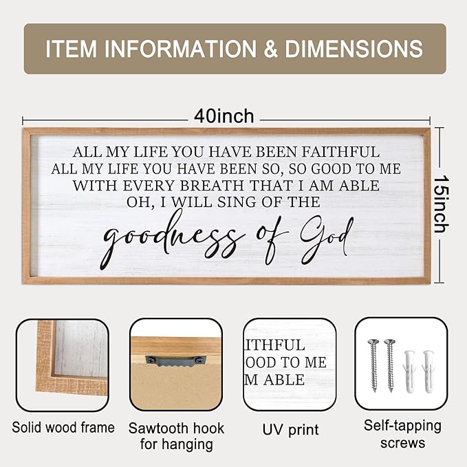 Goodness of God Framed Wall Art, 40''×15'' Positive Religious Natural Bible Verse for Christian God Jesus Christ Prayer, Vintage Rustic Long Holy Catholic Scripture Decor-HomvellaHome
