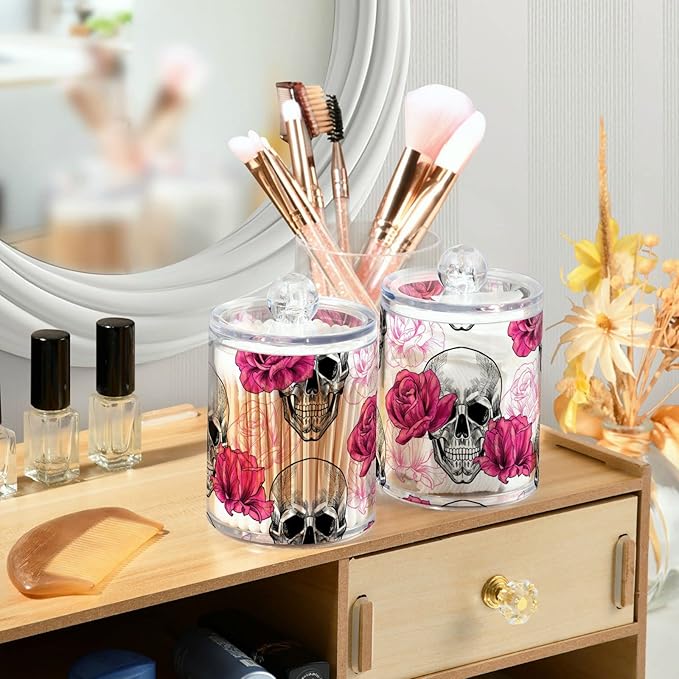 2 Pack Qtip Holder Dispenser Skull Rose Flower Bathroom Storage Canister Lid Acrylic Plastic Apothecary Jar Set Vanity Makeup Organizer for Cotton Swab/Ball/Round Pads, Floss-HomvellaHome