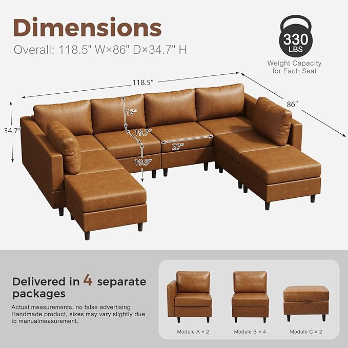 118.5" Faux Leather Modular Sectional Sofa, Modern Large 8 Seater U Shaped Couch with Storage Seat with Reversible Chaise Deep Seat for Living Room DIY Combination - Brown-HomvellaHome
