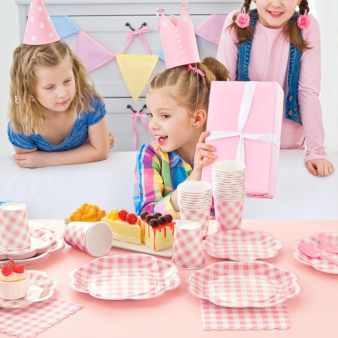 175 Pcs Pink Gingham Plates and Napkins Party Supplies - Pink and White Checkered Plates Sets Serve 25 Guests - Scalloped Gingham Paper Plate for Birthday Wedding Picnic Party Decorations-HomvellaHome