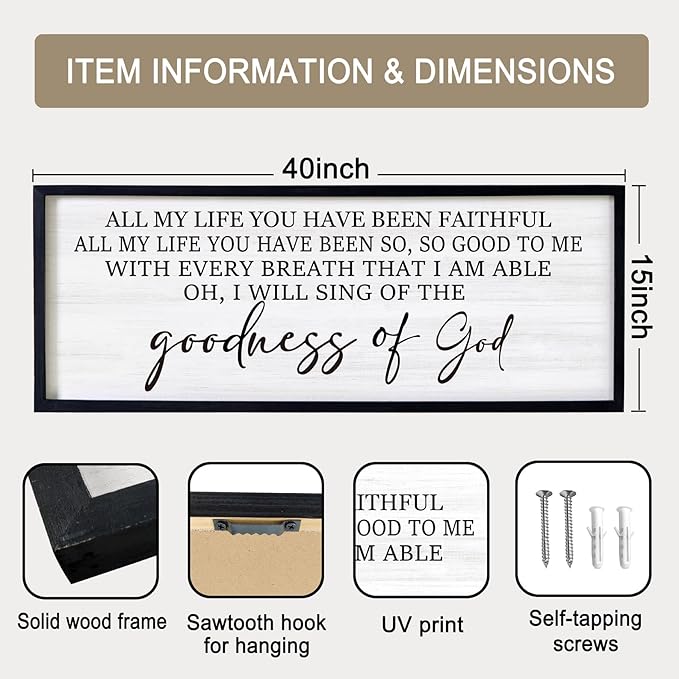 Goodness of God Framed Wall Art, 40''×15'' Positive Religious Black Bible Verse for Christian God Jesus Christ Prayer, Vintage Rustic Long Holy Catholic Scripture Decor-HomvellaHome