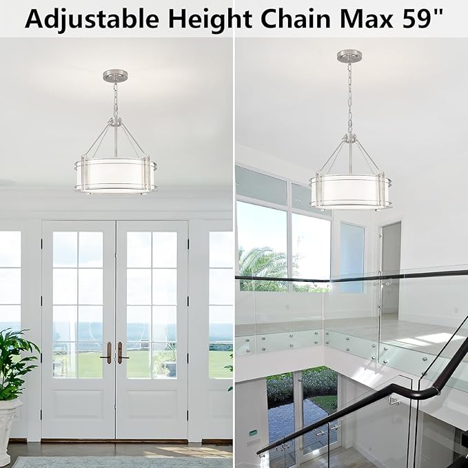 16.3''Drum Chandelier 3-Light Brushed Nickel Modern White Fabric Chandeliers Adjustable Drum Pendant Light for Dining Room Kitchen Island Hallway Living Bedroom-HomvellaHome