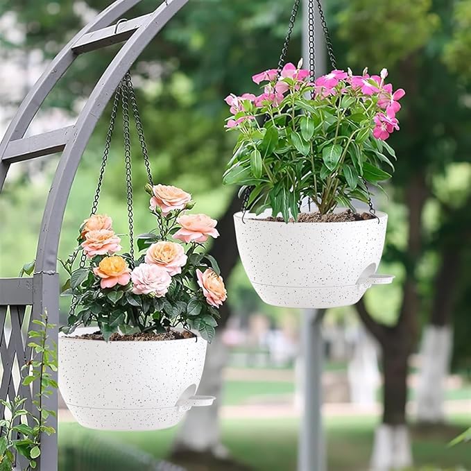 12 Inch Hanging Baskets 2 PC with Chains, Self-Watering Hanging Planters for Indoor Outdoor Plants, Plastic Hanging Flower Pots,Speckled White-HomvellaHome
