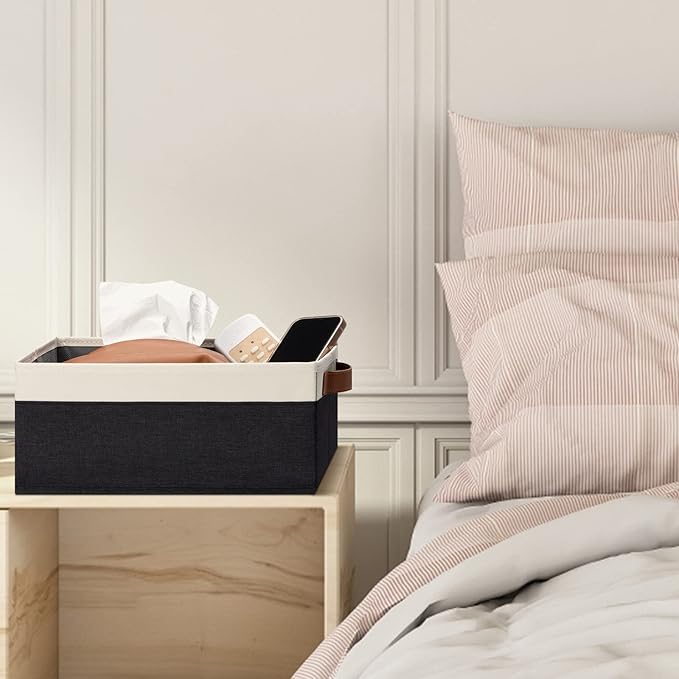 GhvyenntteS Storage Baskets for Shelves 12 Pack, Fabric Storage Bins with Leather Handles, Foldable Rectangular Storage Baskets for Organizing Home, Office (Black/White, 11.8" x 7.87" x 5.11")-HomvellaHome