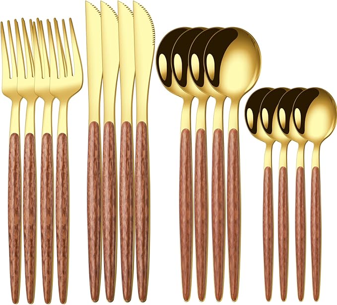 16 Pcs Gold Silverware Set with Simulated Wooden Handle for 4,Stainless Steel Cutlery Set,Mirror Polished Tableware Utensils Flatware Set,Include Knives Spoons and Forks set,Dishwasher Safe-HomvellaHome