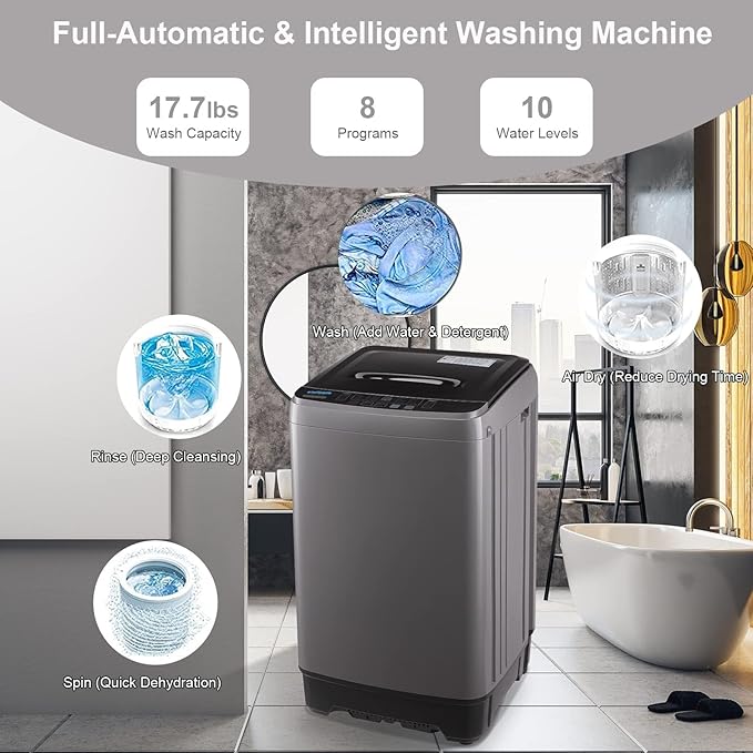 17.7 lbs Full Automatic Washing Machine with LED Display Compact Drain Dump, 10 Wash Programs and 8 Water Levels Ideal for Dorms, Apartments, RV, Grey (KB03-GREY6-3)-HomvellaHome