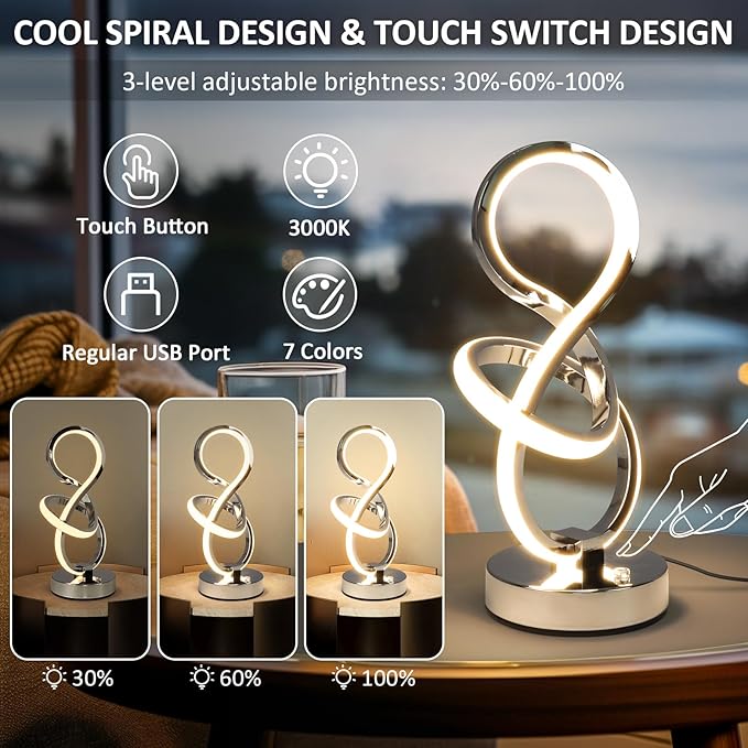 Modern Spiral Table Lamp, 7 Colors 10 Light Modes LED Nightstand Small Lamp with USB C+A Ports, Touch Dimmable Lamps for Living Room Bedroom Bedside, Unique & Cool Lamps,Silver-HomvellaHome