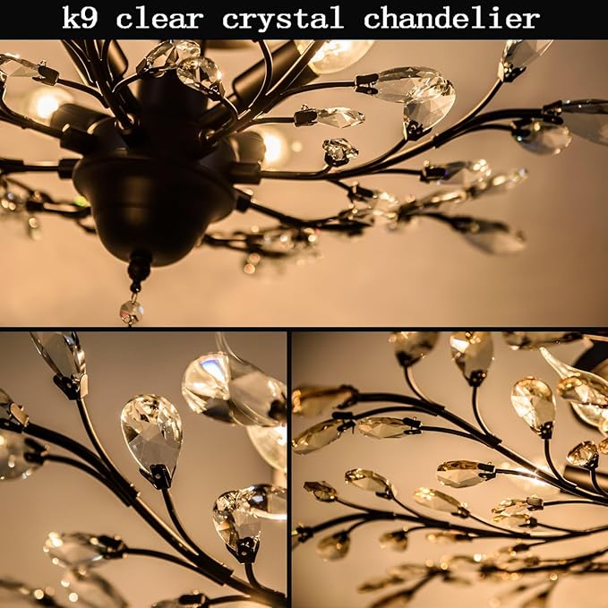 Ganeed Crystal Ceiling Light,Vintage Chandelier, Modern Elegant K9 Crystal Glass Chandelier Flush Mount Ceiling Lighting Fixture for Living Room Bedroom Restaurant Porch- Matte Black - 5 Lights-HomvellaHome