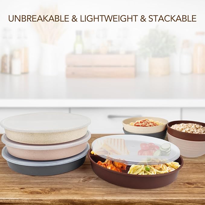 greenandlife 9 Inch 4PCS Portion Control Plates with Lids, Divided Plates for Kids Adults, Dishwasher Microwave Safe Compartment Plate, Unbreakable Lightweight Reusable Wheat Straw Plate, Earth Tone-HomvellaHome