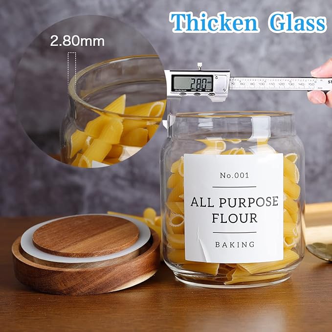 16 OZ Stackable Glass Food Storage Jars with 132 Pantry Labels Preprinted - 6 Pcs Thicken Glass Storage Containers with Airtight Acacia Lid - Clear Kitchen Canister for Spice, Tea, Coffee, Sugar-HomvellaHome
