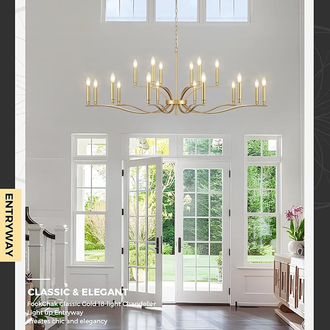 18 Light Gold Living Room Chandelier High Ceiling Foyer Candle Chandelier Large Modern Brass 59in Metal Chandeliers Hanging Light for Master Bedroom Dining Room Light Fixture Over Table-HomvellaHome