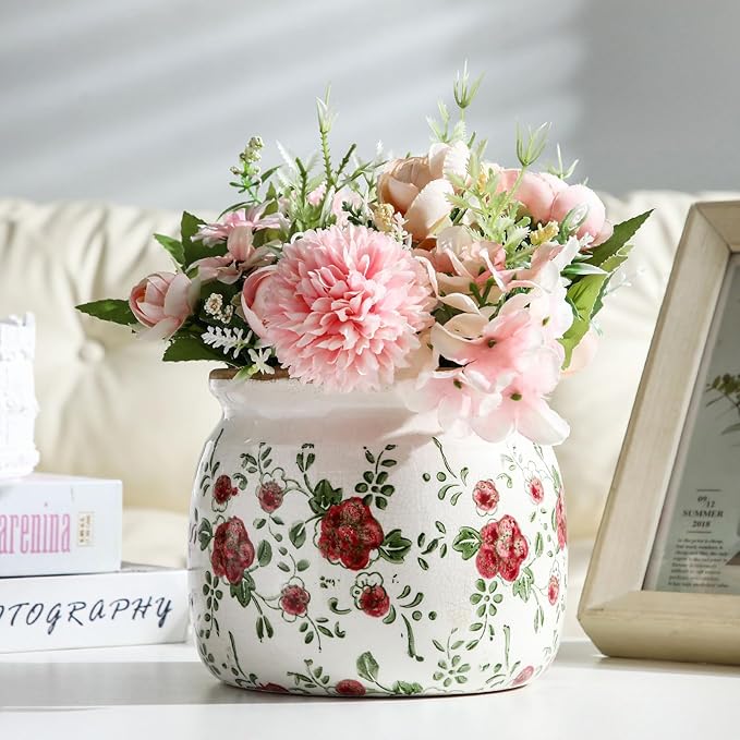 1 Pcs Vintage Planter Large Ceramic Plants Pot Red Plum Crack Cottage Scroll Vase Flower Vase Pot Indoor Plants Home Kitchen Decor Farmhouse Antique Decorative Gift-HomvellaHome