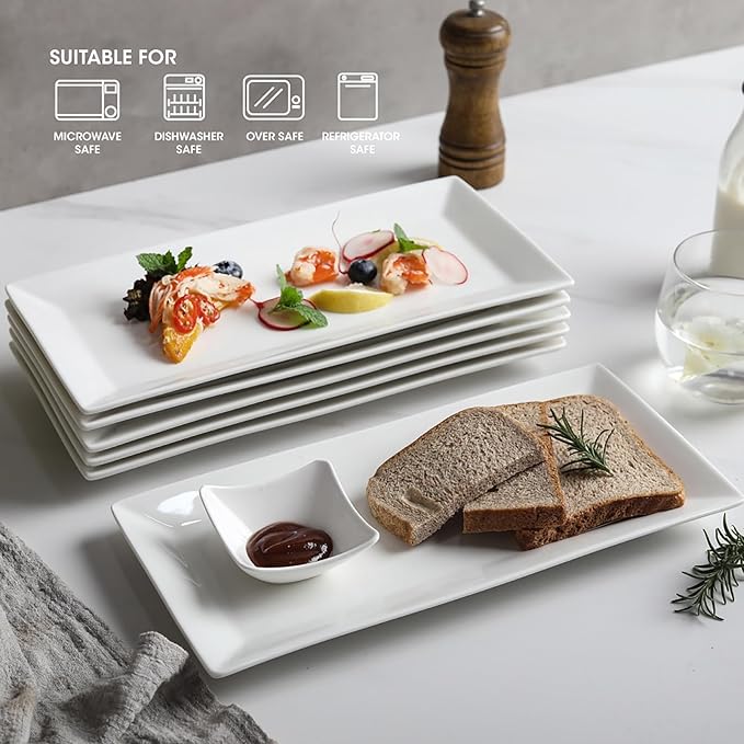12" Serving Platters Set of 4, White Rectangular Plates, Ceramic Serving Tray, Stackable Large Party Plates for Appetizer, Dessert, Steak, Sushi, Housewarming, Oven Dishwasher Safe-HomvellaHome