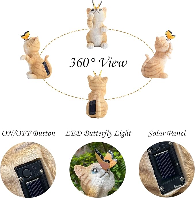 Garden Decor Solar Cat Figurines Cat Lover Gifts with LED Butterfly Lights for Indoor Outdoor Decor for Yard Garden Patio Decor Gifts for Women Grandma Mother's Day Birthday-HomvellaHome