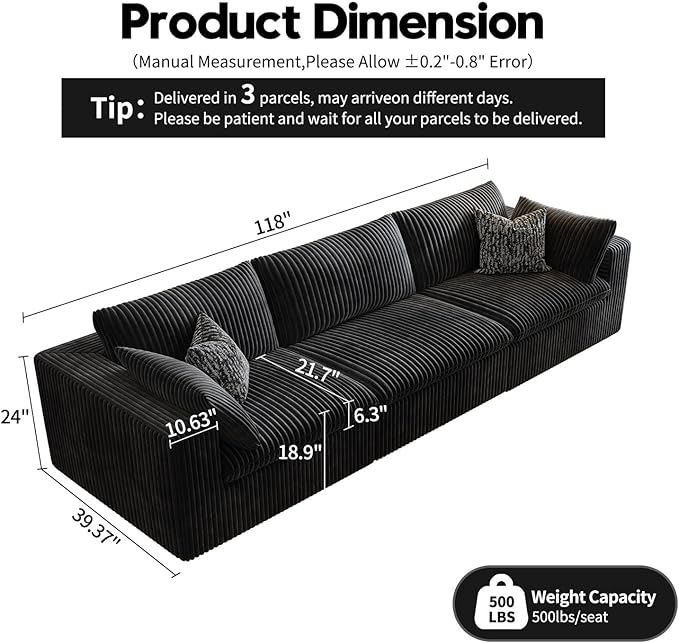 118" Cloud Couch Modular Sectional Sofa for Living Room,Modern Sofa with Deep Seat，3 Seater Boneless Couch,Comfy Upholstered Corduroy Couches for Apartment, Studio, Office,Bedroom，Black-HomvellaHome