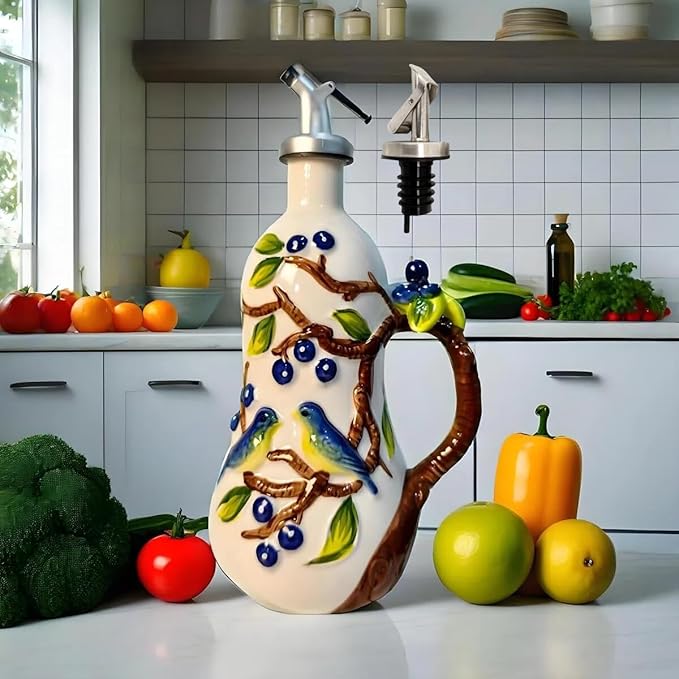18 Oz Hand Painted Relief Ceramic Olive Oil Bottle Dispenser for Kitchen, Oil and Vinegar Bottle, Seasoning Bottle with Stainless Steel Nozzle, 540mL Oil Container with Handle for Cooking, Light Proof-HomvellaHome