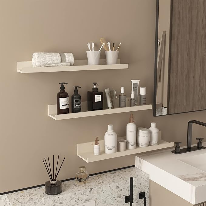 Giftgarden 24 Inch Floating Shelves for Wall, Creamy White Beige Wood-Grain Wooden Shelf Ledge for Bathroom Kitchen Living Room Nursery Bedroom Picture, Set of 3 Different Sizes-HomvellaHome