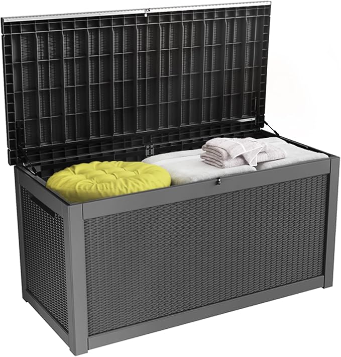 100 Gallon Resin Deck Box, Waterproof Outdoor Storage Bin for Patio Furniture, Pool Accessories, and Garden Tools, Lockable & UV-Resistant, Black-HomvellaHome