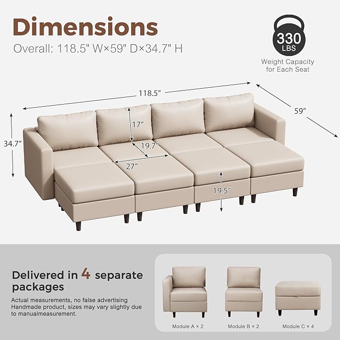 118.5" Luxury Modular Sleeper Sofa Bed with Storage Seat, 8 Seat Sectional Couch Deep Seat with Reversible Chaises & Removable Cover - Whitesand Faux Leather-HomvellaHome