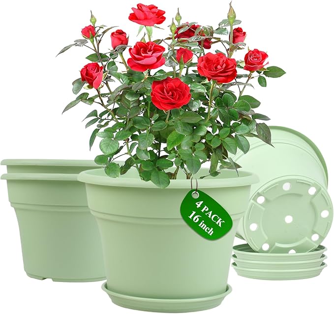 16 inch Plastic-Flower-Pot-for-Indoor-Plants, 4 Pack Large Outdoor Planter Pot with Drainage Holes & Saucers, Resin Decorative Garden Pots Planters-HomvellaHome