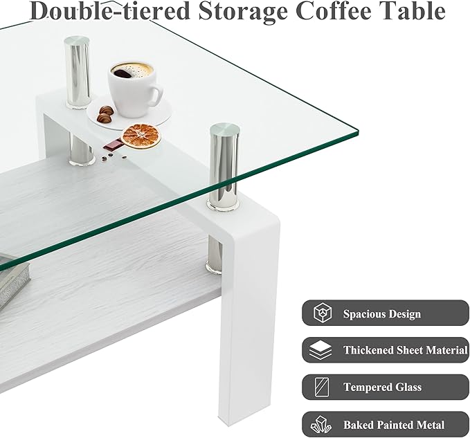 Glass Coffee Table Rectangle Living Room Center Table, with Transparent Tempered Glass Tabletop and White MDF Layer,for Living Room and Office, Transparent +White-HomvellaHome