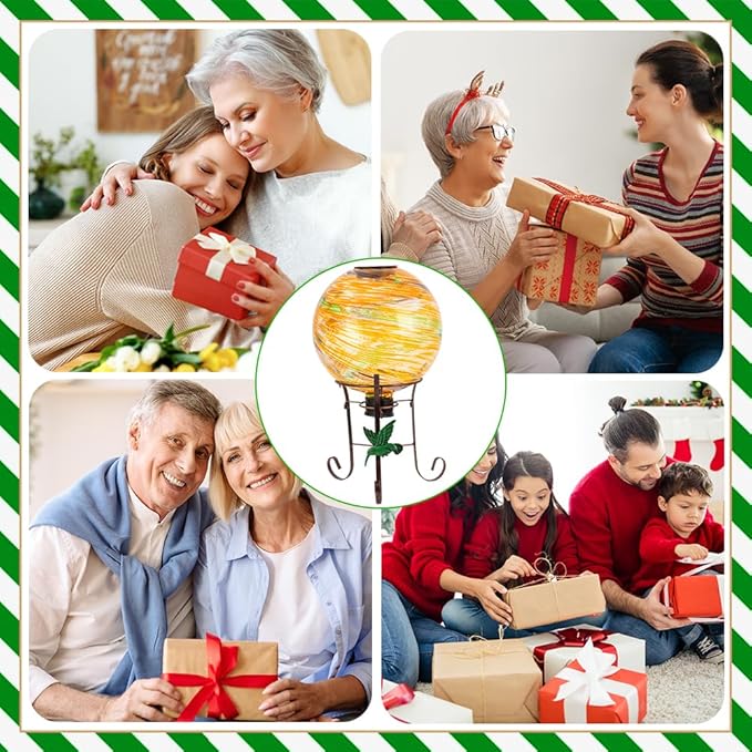 10" Diameter Solar Gazing Ball and 8.5" Metal Stand Indoor Outdoor Garden Ornament Glass Globe Sphere Yard Art Gazing Globe for Garden,Home,Lawn,Porch,Patio Birthday Gift for Women(Orange)-HomvellaHome