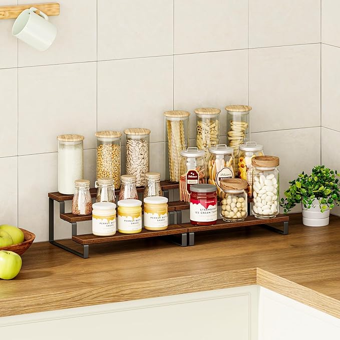 Giikin 3-Tier Spice Rack, 13.8 Inch Wood Countertop Spice Storage Holder, Kitchen Pantry Cabinet Organizer Cupboard for Spice Bottles, Jars, Seasonings, Baking Supplies, Metal Frame(Set of 2)-HomvellaHome