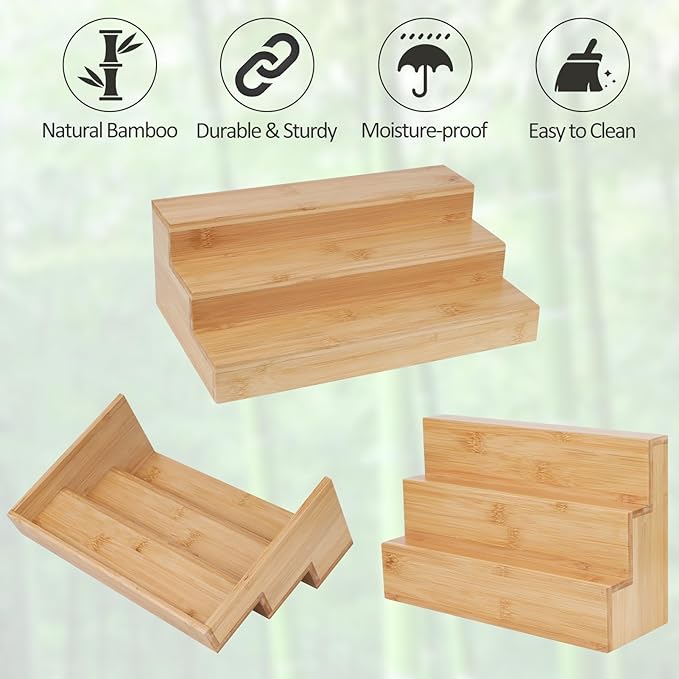 2 Pack Bamboo Spice Rack Organizer for Countertop, 3 Tier Spice Step Shelf for Cabinet (Jars Not Included)-HomvellaHome
