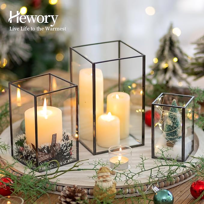 Glass Hurricane Candle Holder Large - Hewory 18pcs Black Rectangle Flower Holders Centerpiece for Table, Tall Floor Square Pillar Candle Lantern for Wedding, Anniversary, Party, Fireplace, Dining Room-HomvellaHome