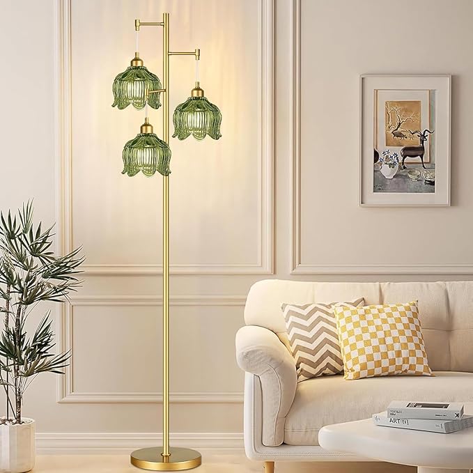 Gold Floor Lamp for Living Room,Bedroom,Mid Century Modern Standing Lamp Brass Tree 3 Light Tall Floor Lamps Vintage Retro Floor Lights Glass Green Flower Lamp Shade Farmhouse Boho Bohemian-HomvellaHome