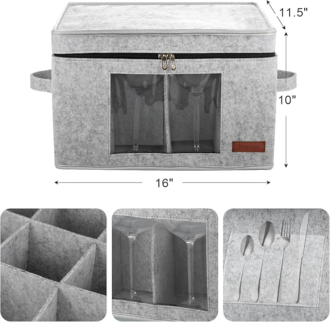 2 Pack Wine Glass Storage Box with Dividers, Stemware Storage Containers for Packing and Moving, China Storage Containers Box for 12 Crystal Glassware, Wine Glasses, Drinkware,Light Gray-HomvellaHome
