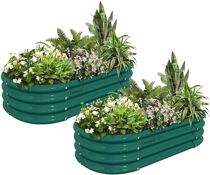 2 Pack 4x2x1FT Galvanized Raised Garden Bed Kit Oval Metal Ground Planter Box Outdoor Bottomless Planter Raised Beds for Vegetables Flowers Herbs Fruits, Green-HomvellaHome