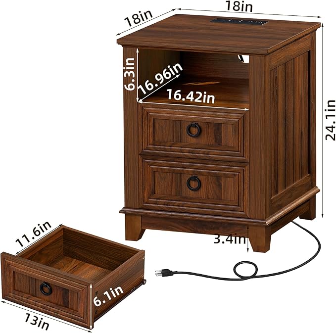 18" Farmhouse Night Stands Set of 2 with Charging Station, 2 Drawers End Table Dresser for Bedroom, Brown Wooden Nightstand, Bed Side Table with Open Shelf, Bedside Cabinet for Living Room-HomvellaHome